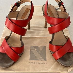 Reed Krakoff Boxer Sandal Bridle Heel in Coral. Size 40.